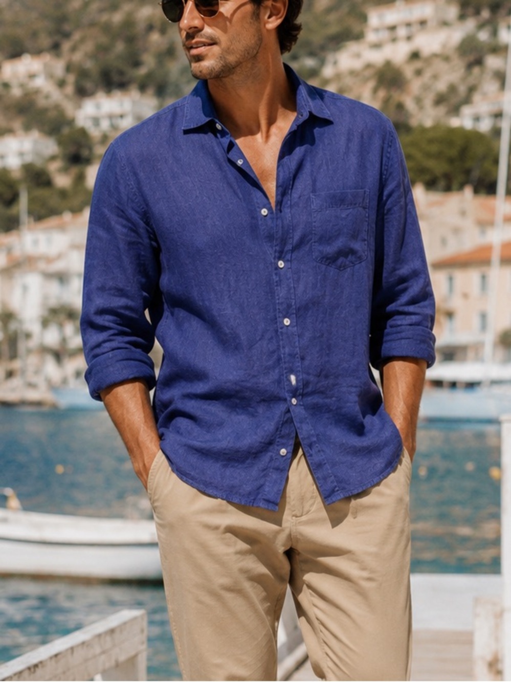 HIHO Linen Button Down Shirt Blue Long Sleeve Coastal Casual Mens Medium